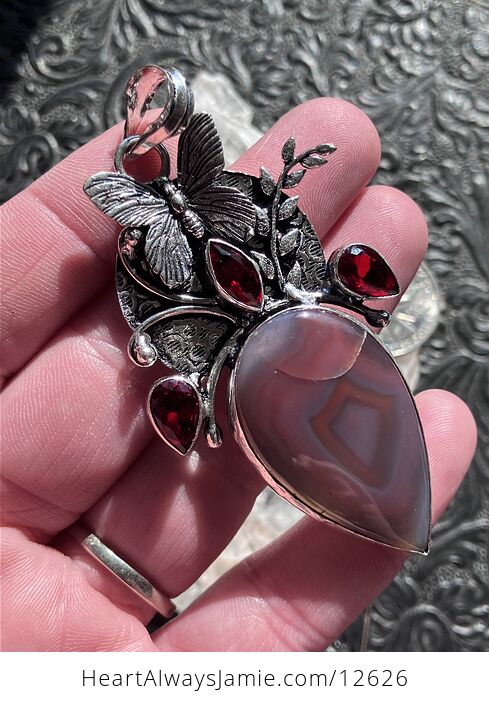 Garnet and Pink Botswana Agate Butterfly Crystal Stone Pendant - #xdPdy6dvBQo-1