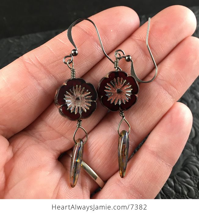 Garnet Red Glass Hawaiian Flower and Picasso Styled Thorn Earrings with Black Wire - #4M9a9kWtPyk-1