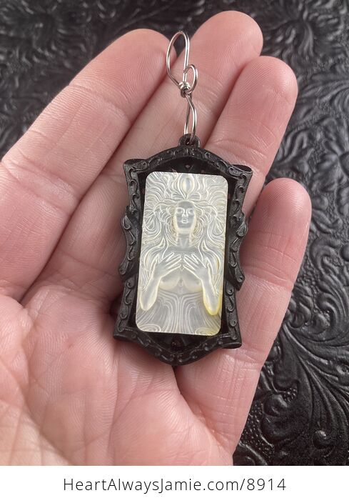 Goddess Carved in Mother of Pearl Shell on Black Wood Pendant Jewelry - #45qEdWRpTLU-1