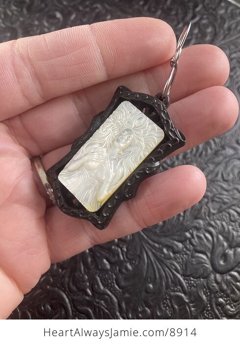 Goddess Carved in Mother of Pearl Shell on Black Wood Pendant Jewelry - #45qEdWRpTLU-6