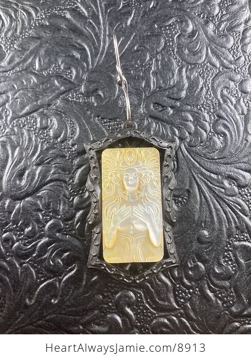 Goddess Carved in Mother of Pearl Shell on Black Wood Pendant Jewelry - #jAPI2eYJDuU-4