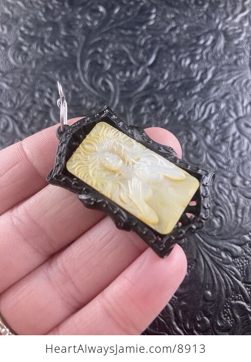 Goddess Carved in Mother of Pearl Shell on Black Wood Pendant Jewelry - #jAPI2eYJDuU-3