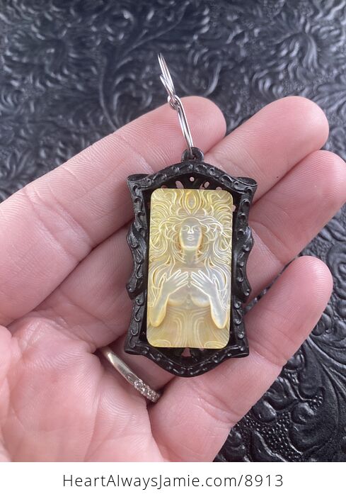 Goddess Carved in Mother of Pearl Shell on Black Wood Pendant Jewelry - #jAPI2eYJDuU-1