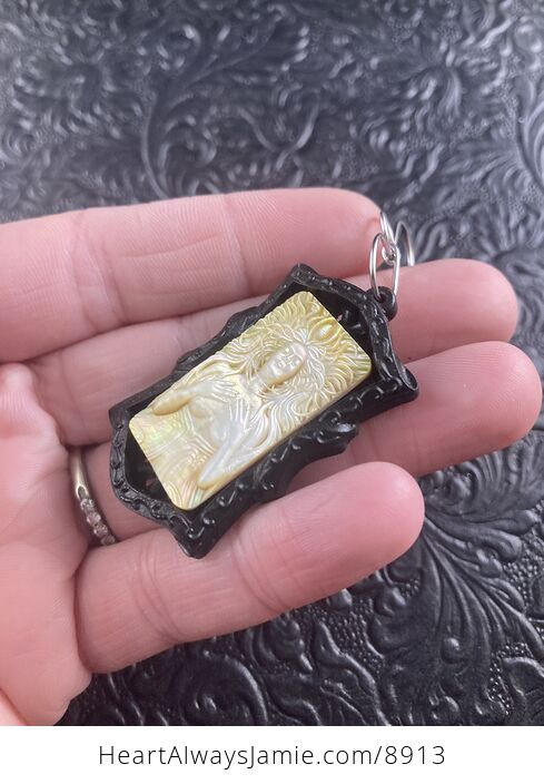 Goddess Carved in Mother of Pearl Shell on Black Wood Pendant Jewelry - #jAPI2eYJDuU-2