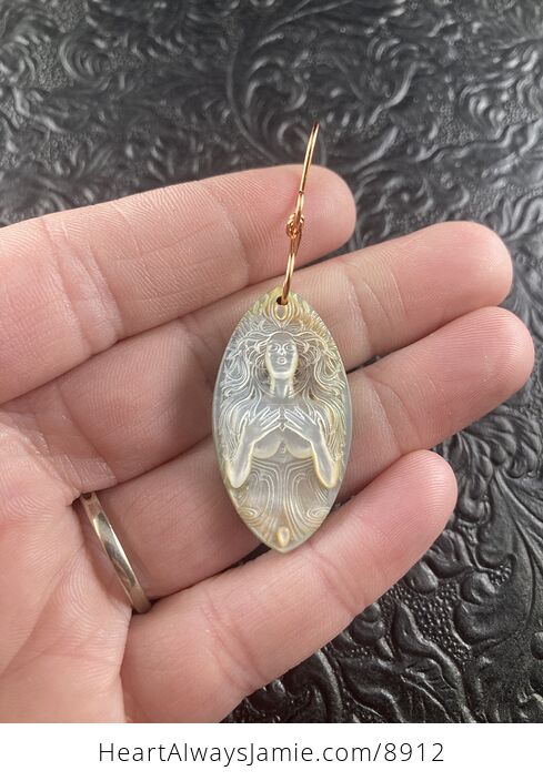 Goddess Carved in Mother of Pearl Shell on Lemon Jade Stone Pendant Jewelry - #mpQmFHqSe1Y-1
