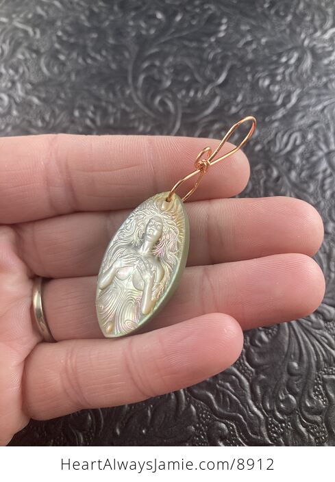 Goddess Carved in Mother of Pearl Shell on Lemon Jade Stone Pendant Jewelry - #mpQmFHqSe1Y-2