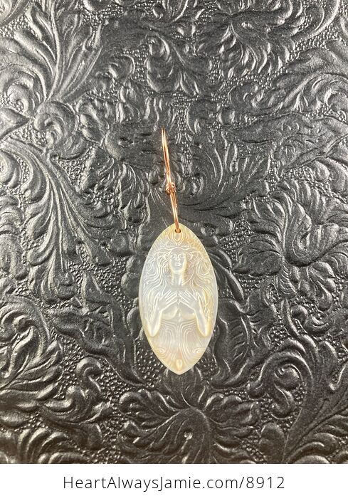 Goddess Carved in Mother of Pearl Shell on Lemon Jade Stone Pendant Jewelry - #mpQmFHqSe1Y-3