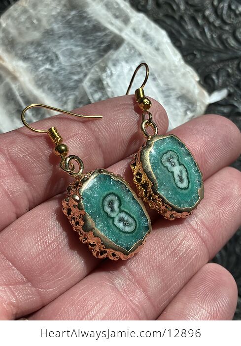 Gold and Green Stalactite Slice Druzy Crystal Earrings - #sXljYtdrNQM-2