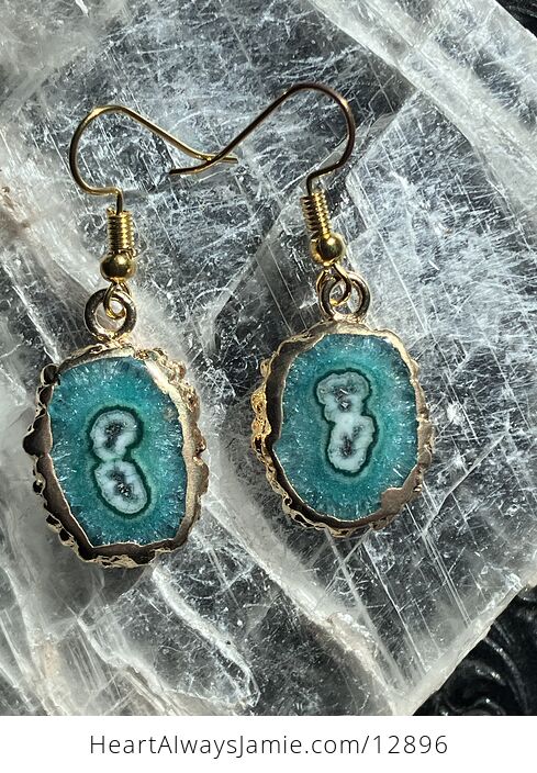 Gold and Green Stalactite Slice Druzy Crystal Earrings - #sXljYtdrNQM-4