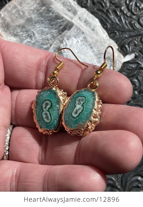 Gold and Green Stalactite Slice Druzy Crystal Earrings - #sXljYtdrNQM-3