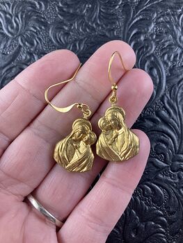 Gold Toned Brass Madonna Mary with Child Jesus Earrings #A1iVXcmot2M