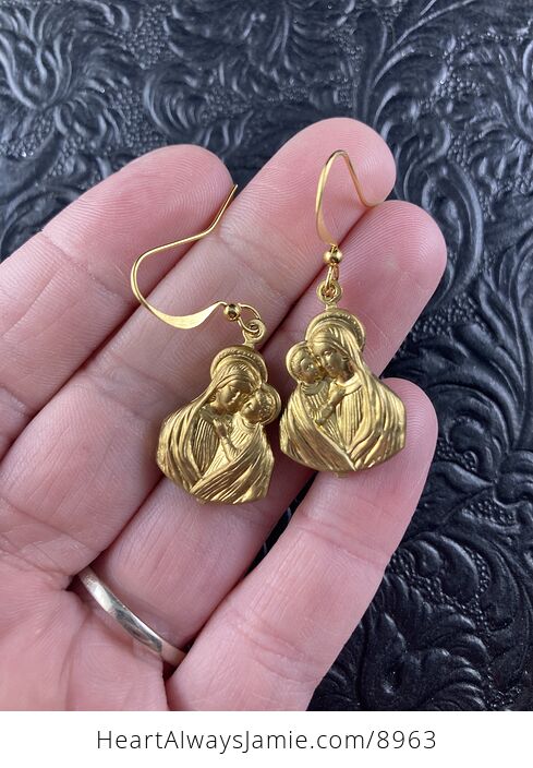 Gold Toned Brass Madonna Mary with Child Jesus Earrings - #A1iVXcmot2M-1