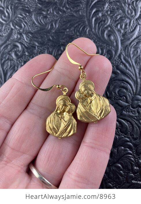 Gold Toned Brass Madonna Mary with Child Jesus Earrings - #A1iVXcmot2M-2