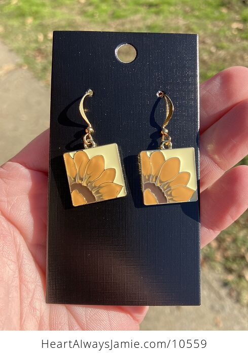 Gold Toned Enamel Sunflower Earrings - #sZT5QpLjS3g-1