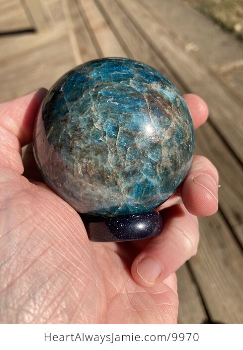 Gorgeous Apatite Crystal Sphere with Blue Goldstone Ring Stand - #oacCyOI3ysA-12