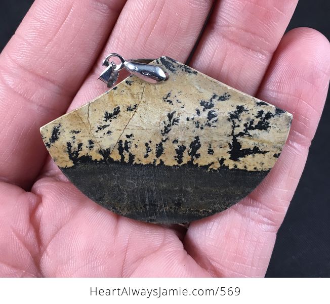 Gorgeous Fan Shaped Beige and Dark Brown Natural Chinese Painting Jasper Stone Pendant Necklace - #RY5GYH127Fw-2
