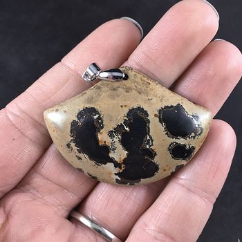 Gorgeous Fan Shaped Tan Brown and Black Spotted Natural Chinese Painting Jasper Stone Pendant #xGbFKxgf1gI