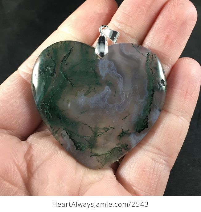 Gorgeous Gray and Green Heart Shaped Moss Agate Stone Pendant - #29DUGba3458-1