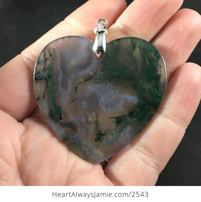 Gorgeous Gray and Green Heart Shaped Moss Agate Stone Pendant Necklace - #29DUGba3458-2