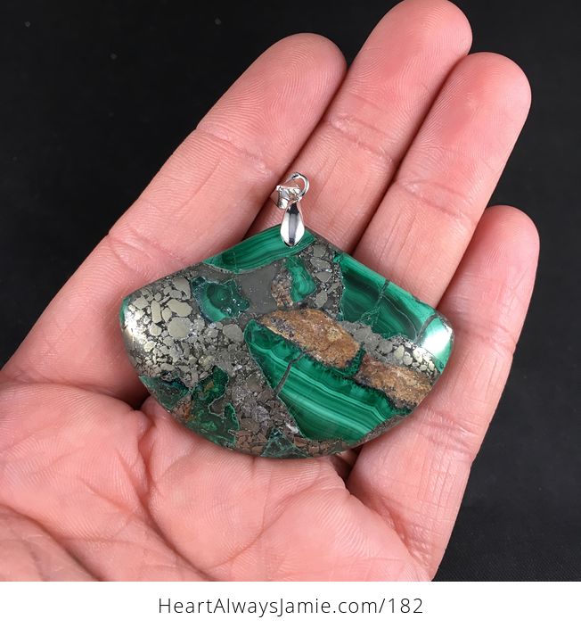 Gorgeous Green and Tan Malachite and Pyrite Stone Pendant - #rCPrO828Mnw-1