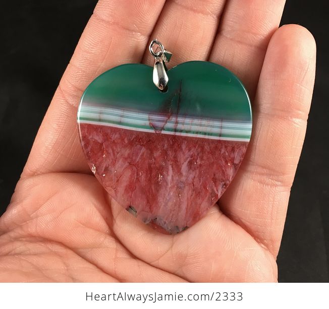 Gorgeous Heart Shaped 34watermelon34 Green White and Red Druzy Agate Stone Pendant Necklace - #W1KnWtrCG0U-2