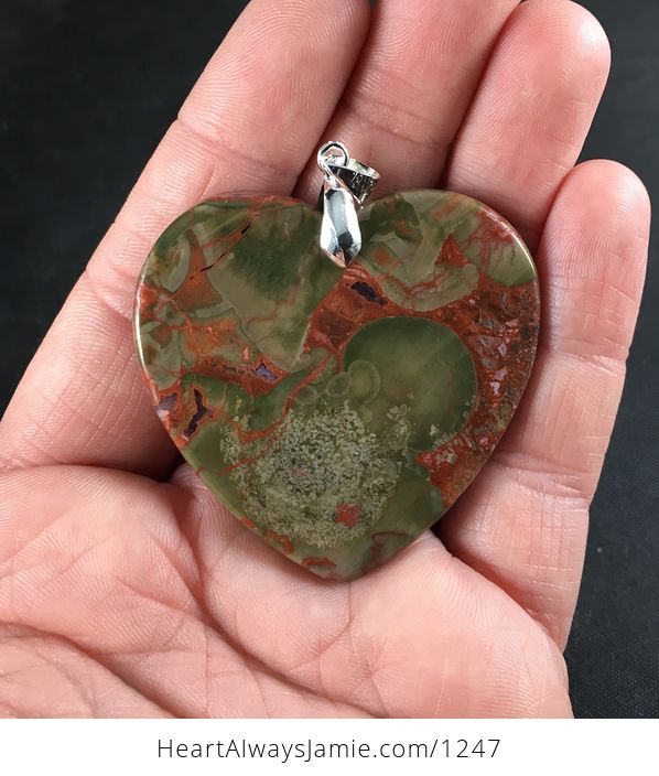 Gorgeous Heart Shaped Green and Orange Picasso Jasper Stone Pendant Necklace - #PwQFeadoHBI-2