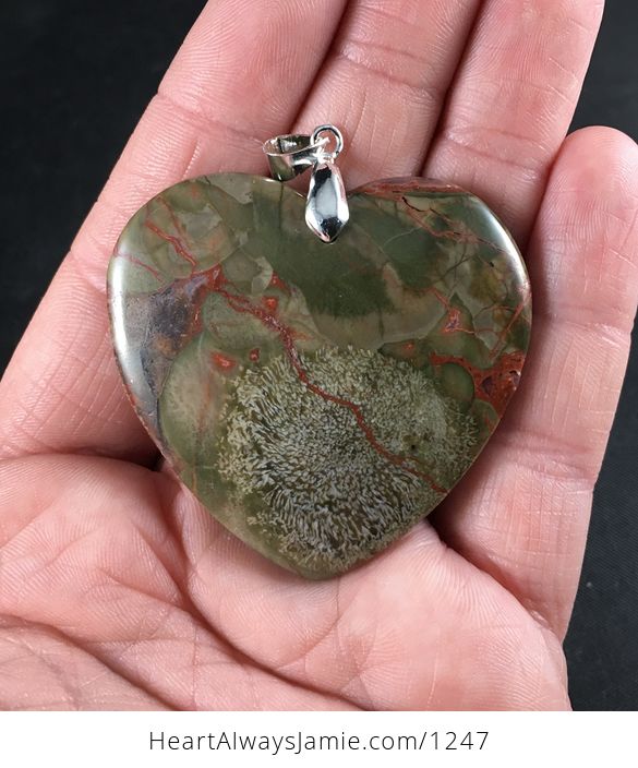 Gorgeous Heart Shaped Green and Orange Rainforest Rhyolite Jasper Stone Pendant - #PwQFeadoHBI-1