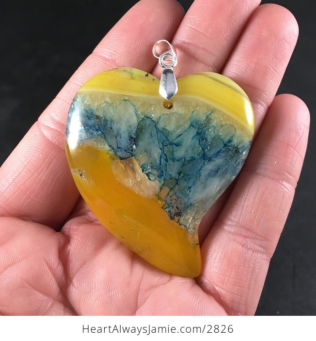Gorgeous Heart Shaped Yellow and Blue Drusy Agate Stone Pendant - #FOshSvnC0IY-1