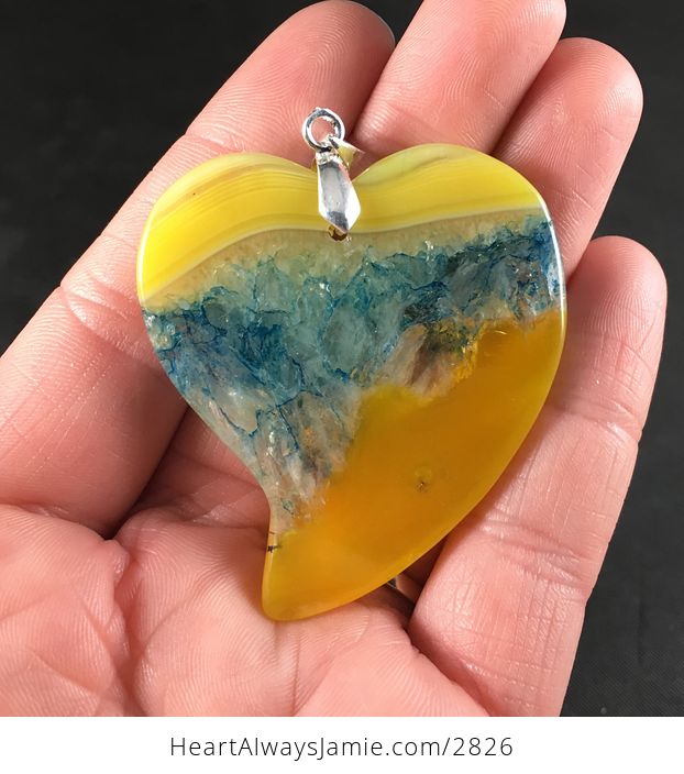 Gorgeous Heart Shaped Yellow and Blue Drusy Agate Stone Pendant Necklace - #FOshSvnC0IY-2