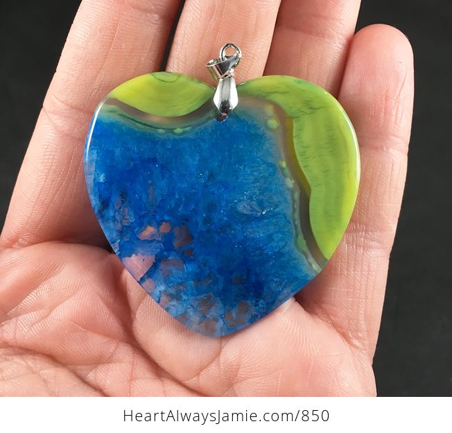 Gorgeous Heart Shaped Yellow Semi Transparent and Blue Druzy Agate Stone Pendant Necklace - #sKZltomvKog-2
