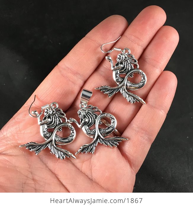 Gorgeous Mermaid Pendant Necklace and Earrings Jewelry Set - #Yc9uHpylxOw-3