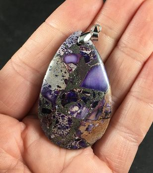 Gorgeous Purple and Tan Sea Sediment Jasper and Pyrite Stone Pendant #2foXC8UQSho