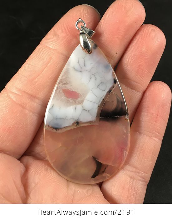 Gorgeous White Black and Pink Dendritic Druzy Dragon Veins Stone Pendant Necklace - #cCOlKppnl1U-2