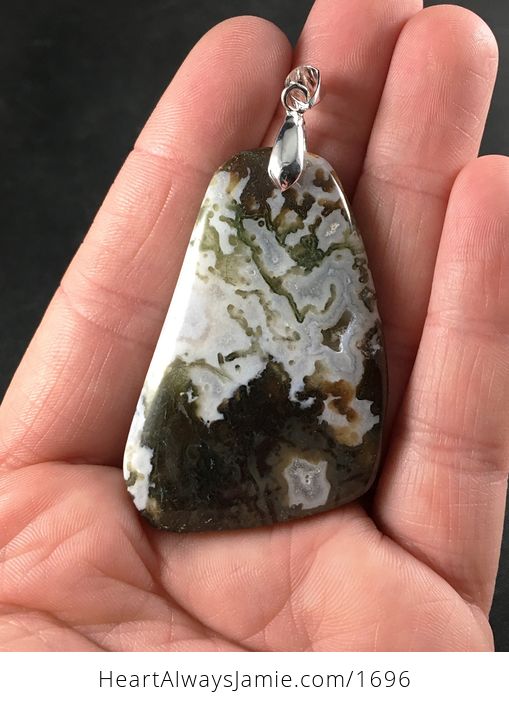 Gorgeous White Druzy and Brown and Orange and Green Moss Agate Stone Pendant Necklace - #4vuxRu7KVMk-2