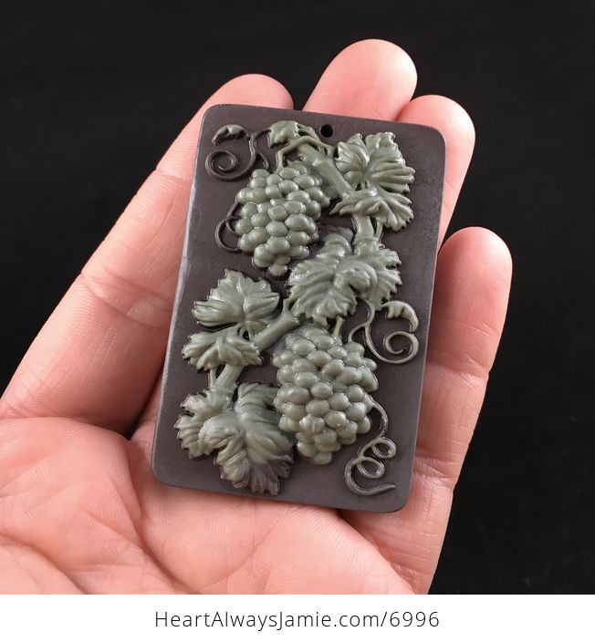 Grapes and Leaf Carved Ribbon Jasper Stone Pendant Jewelry - #0vpJekThiHs-1