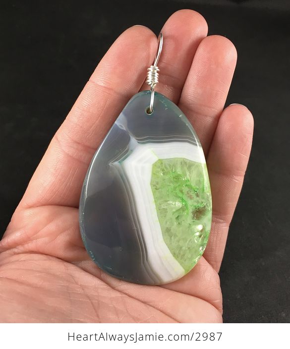 Gray Blue White and Green Druzy Agate Stone Pendant - #8y04X0cLhoc-1