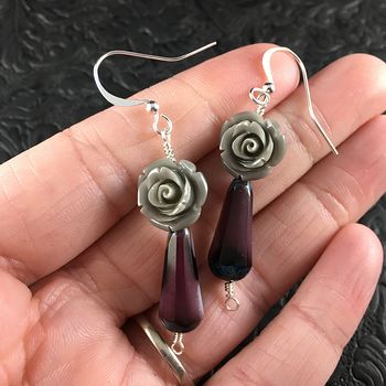 Gray Rose and Purple Glass Drop Earrings with Silver Wire #8bFxsZ7hDbQ