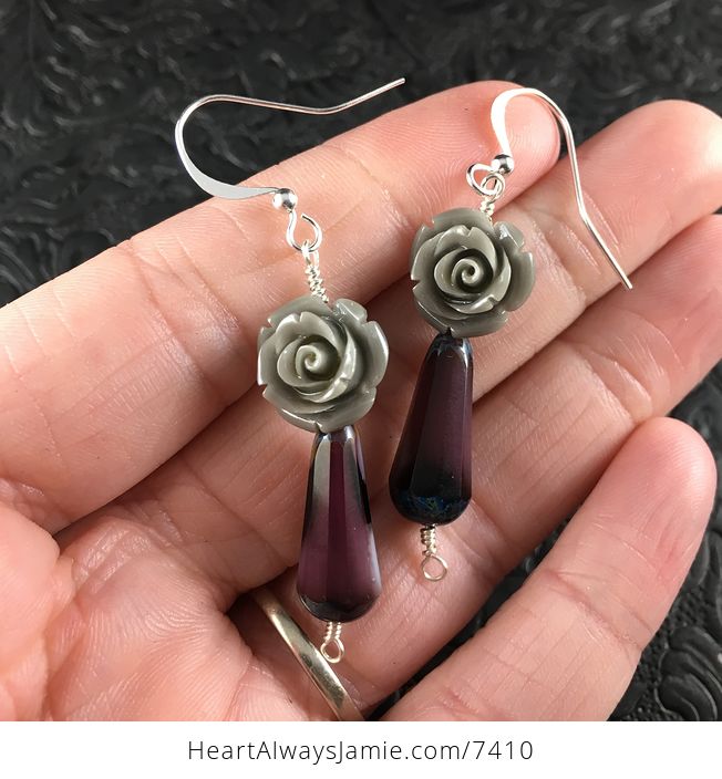 Gray Rose and Purple Glass Drop Earrings with Silver Wire - #8bFxsZ7hDbQ-1