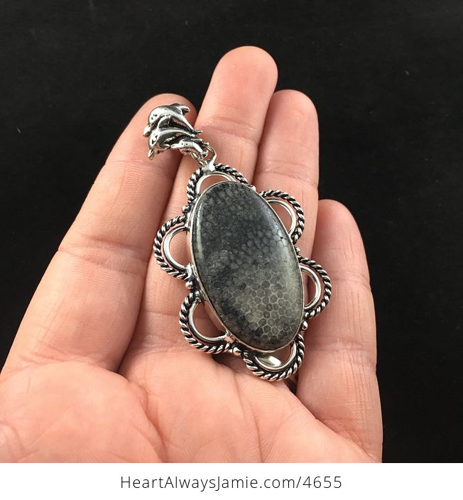 Gray Stingray Coral Fossil Stone and Dolphin Jewelry Pendant - #WYj4qHQQVrs-2