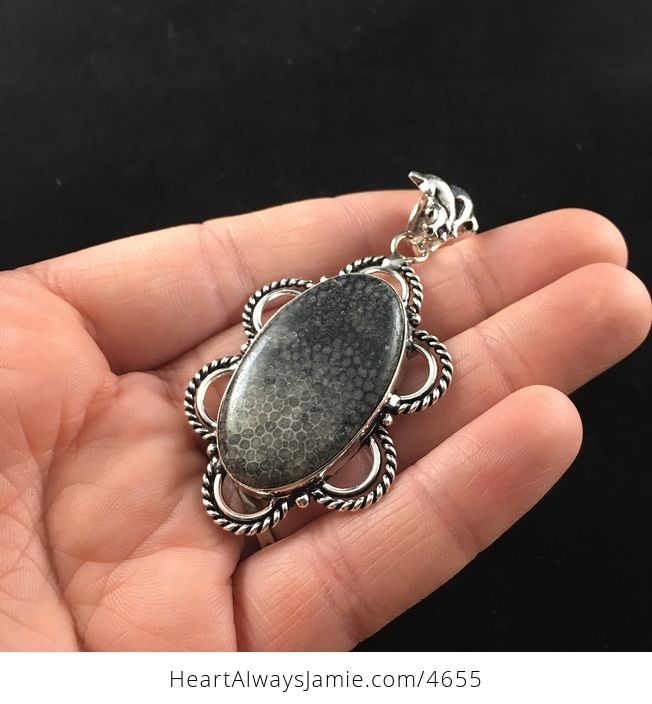 Gray Stingray Coral Fossil Stone and Dolphin Jewelry Pendant - #WYj4qHQQVrs-3