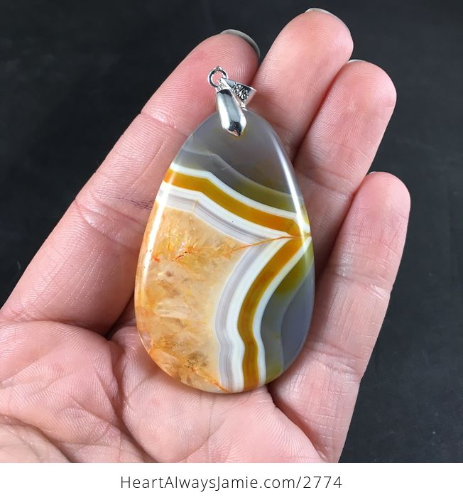 Gray Yellow White and Orange Druzy Stone Pendant Necklace - #v1uoFh3hG9g-2