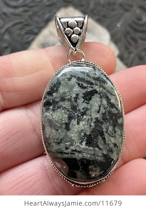Green and Black Chinese Writing Stone Porphyry Stone Crystal Jewelry Pendant - #cLGFm8qqm3g-1