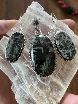 Green and Black Chinese Writing Stone Porphyry Stone Crystal Jewelry Set #oQlq14Gz9UY