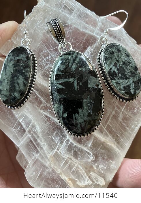 Green and Black Chinese Writing Stone Porphyry Stone Crystal Jewelry Set - #oQlq14Gz9UY-7