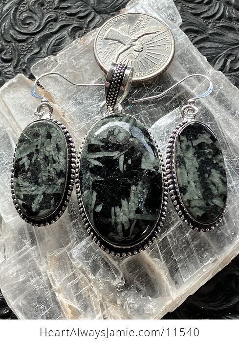Green and Black Chinese Writing Stone Porphyry Stone Crystal Jewelry Set - #oQlq14Gz9UY-2