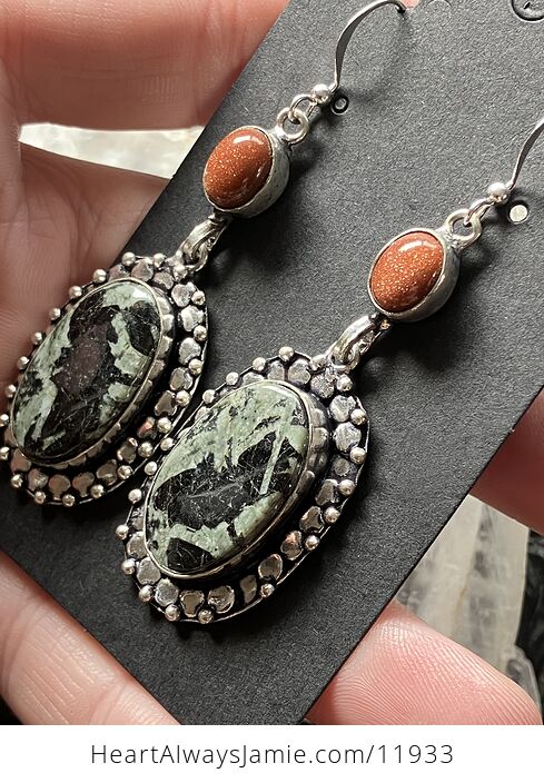 Green and Black Porphyry and Goldstone Crystal Jewelry Earrings - #tVZB058bwng-4