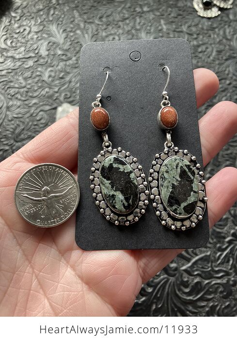 Green and Black Porphyry and Goldstone Crystal Jewelry Earrings - #tVZB058bwng-6