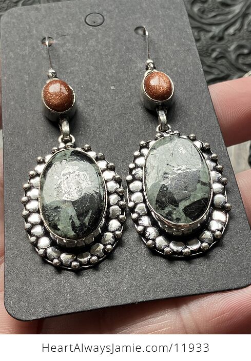 Green and Black Porphyry and Goldstone Crystal Jewelry Earrings - #tVZB058bwng-1