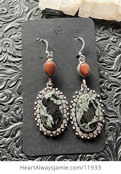 Green and Black Porphyry and Goldstone Crystal Jewelry Earrings - #tVZB058bwng-7