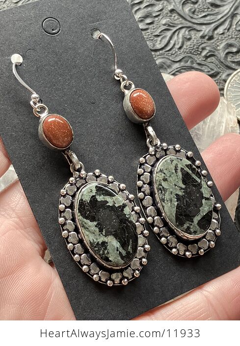 Green and Black Porphyry and Goldstone Crystal Jewelry Earrings - #tVZB058bwng-2